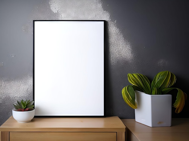 A picture frame is on a table next to a potted plant.