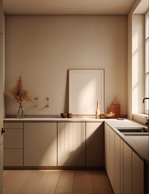 A picture frame is on the wall of a kitchen.