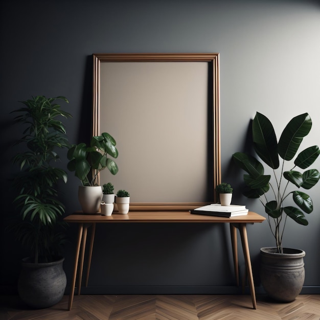 A picture frame is on a wooden table next to a plant.