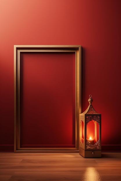 A picture frame next to a lantern on a red wall.