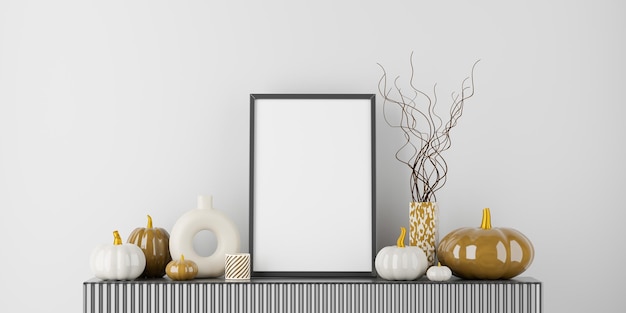 Picture frame mock up Glossy decorative Pumpkins with vases on gray shelf Autumn and Halloween interior 3d rendering