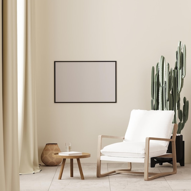 Фото Фоторамка макет в стиле бохо интерьер фон с белым креслом и журнальным столиком возле окна бежевая стена 3d рендеринг