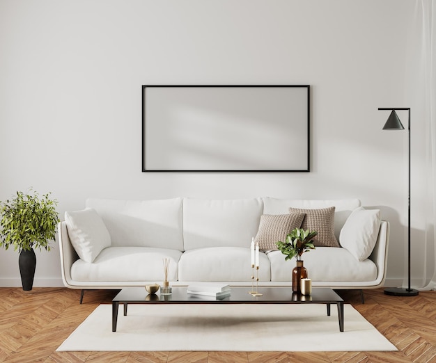 Picture frame mock up in modern home living room interior with white sofa and coffee table with decor 3d render