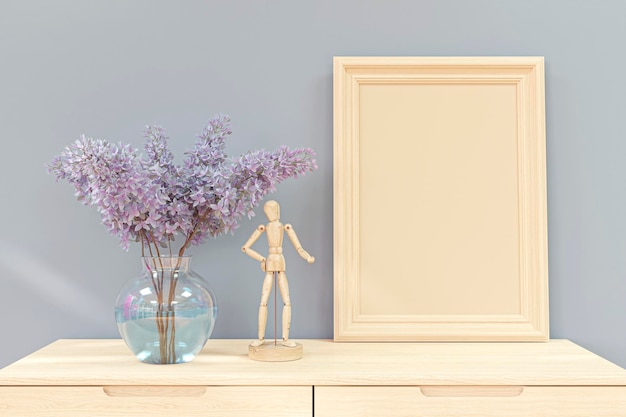 Picture frame mock up on a wooden sideboard 3d rendered illustration