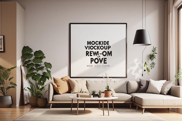 Picture frame mockup psd hanging in a modern living room