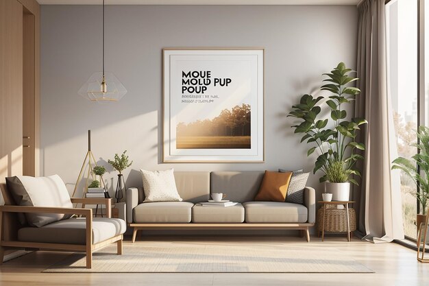 Picture frame mockup psd hanging in a modern living room