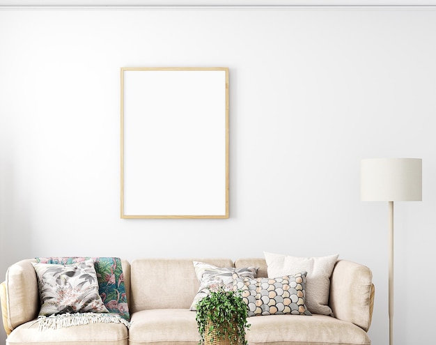 A picture frame mockup on a wall with a plant on it