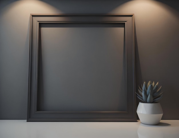 A picture frame and a plant on a table with a white vase.