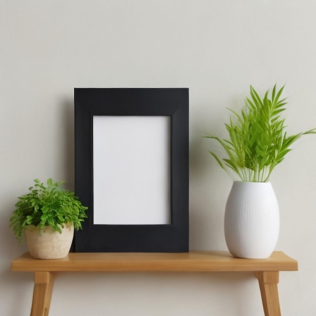 Picture frame on shelf next to plant