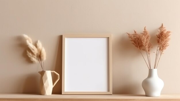 A picture frame on a shelf with a flower in it