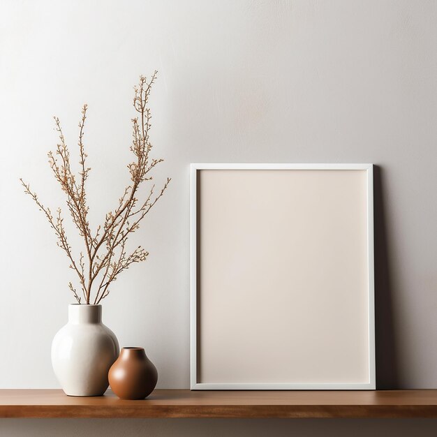 A picture frame on a shelf with a plant in it