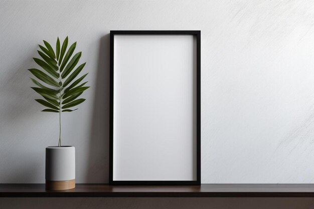 a picture frame on a shelf with a plant in a vase.