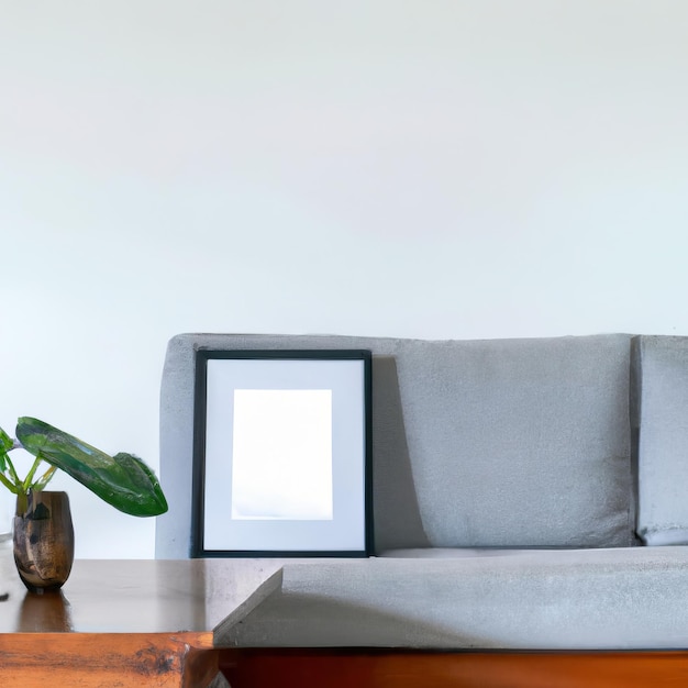 A picture frame sits on a table next to a plant.