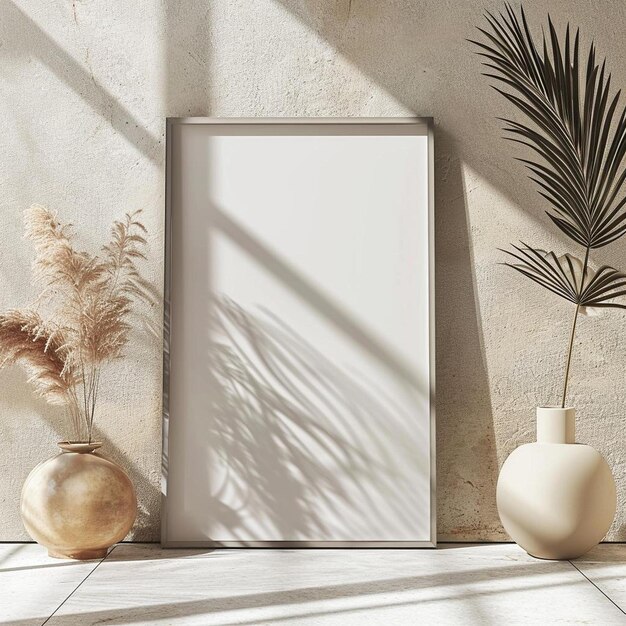 a picture frame sitting next to a plant in a vase
