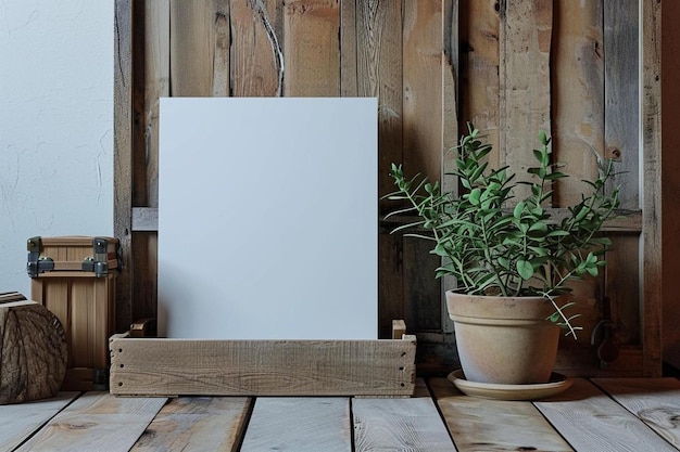 a picture frame sitting next to a potted plant