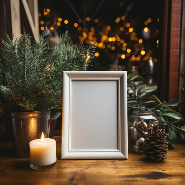 Photo a picture frame sitting on a table holiday decoration