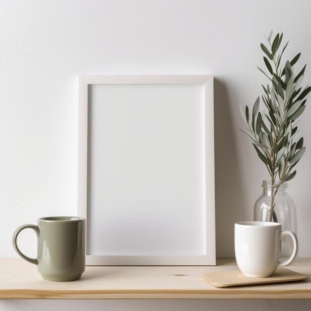 Photo a picture frame sitting on top of a wooden shelf next to a cup of coffee