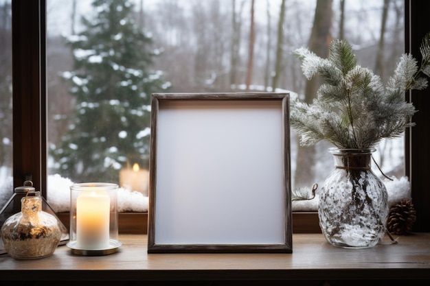 A picture frame sitting on a window sill next to a candle AI image Christmas frame mockup copyspace