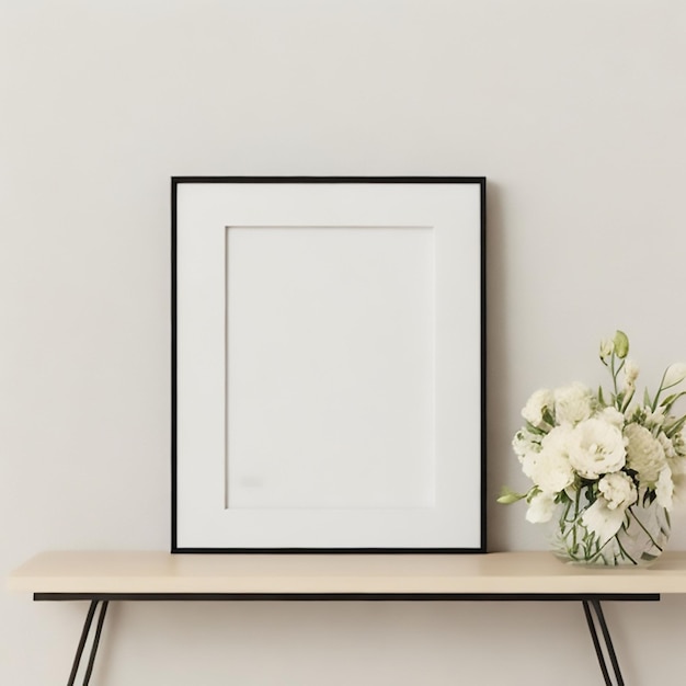 Picture frame on table with flowers