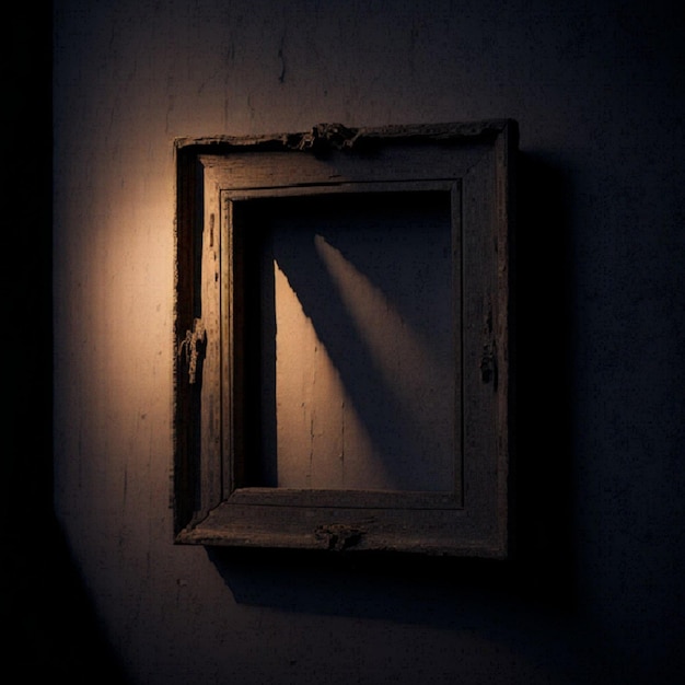 A picture frame on a wall with the light shining on it.