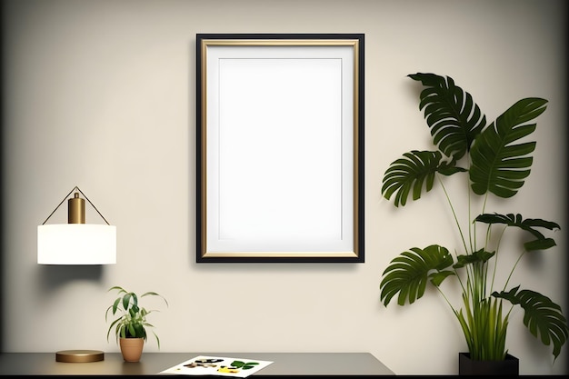 A picture frame on a wall with a plant next to it.