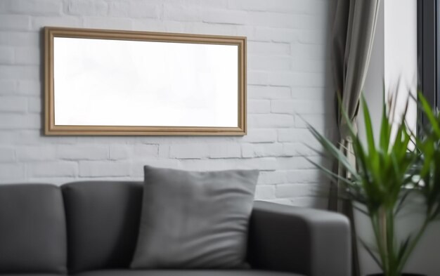 A picture frame on a wall with a plant behind it