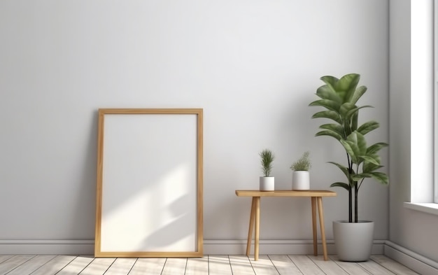 A picture frame on a white wall next to a plant