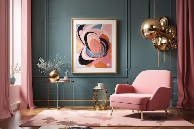 ピンクのベルベットの肘掛け椅子に置かれた抽象アートの額縁