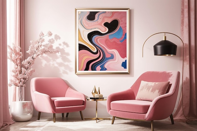 ピンクのベルベットの肘掛け椅子に置かれた抽象アートの額縁
