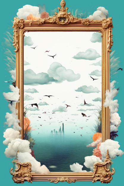 A picture frame with birds flying over the ocean and clouds