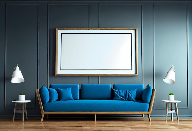 a picture frame with a blue sofa and a picture frame that says " the word " on it.