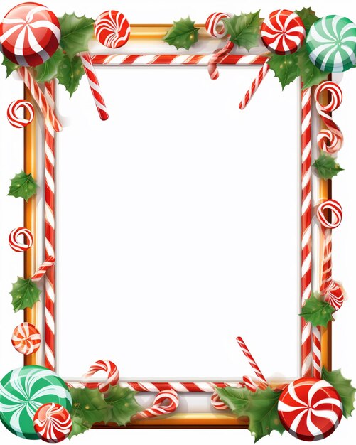 Photo a picture frame with candy canes and holly leaves generative ai