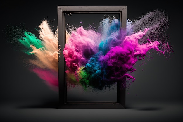 A picture frame with colorful powder coming out of it.