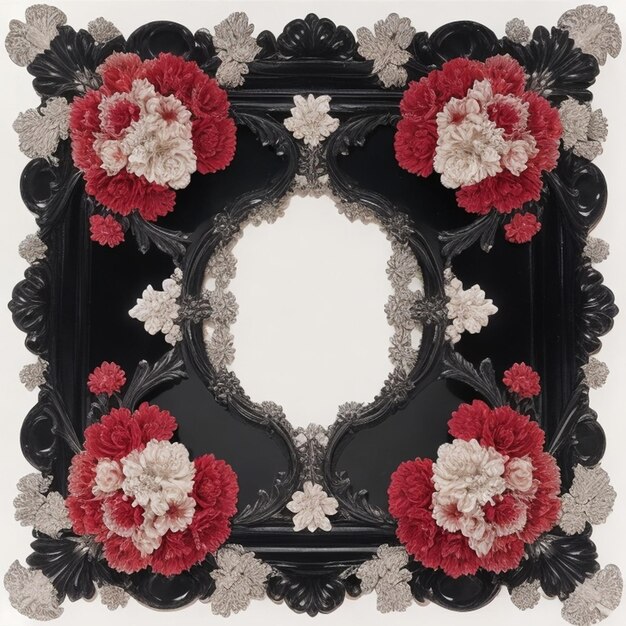 Picture frame with dark thick border and red flowers