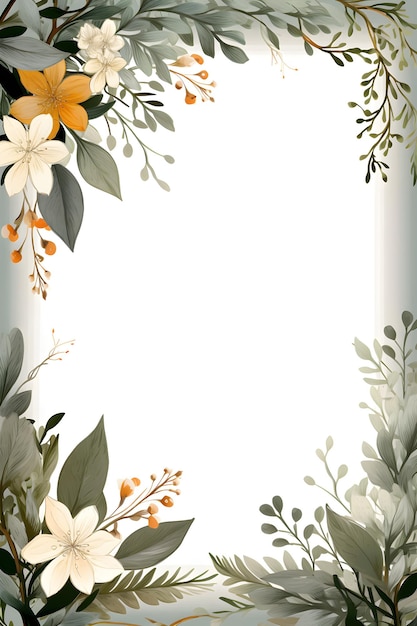 a picture frame with flowers and leaves on a white background Abstract Charcoal color foliage