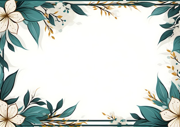 a picture frame with flowers and leaves on a white background Abstract Teal foliage background with