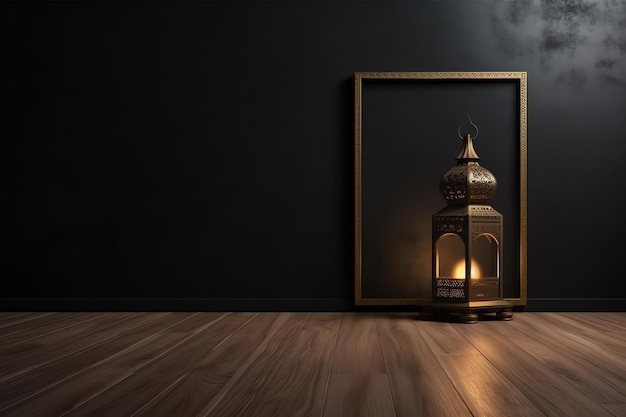 A picture frame with a lantern in the middle of a dark room