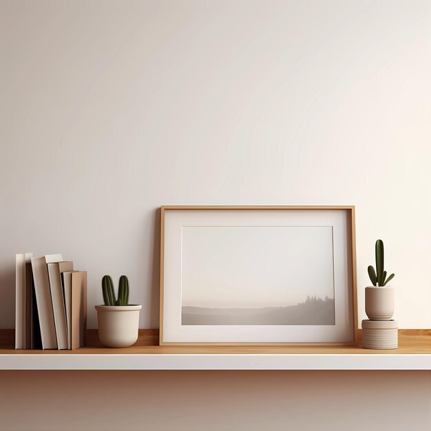 A picture frame with a picture of a cactus and books on a shelf.