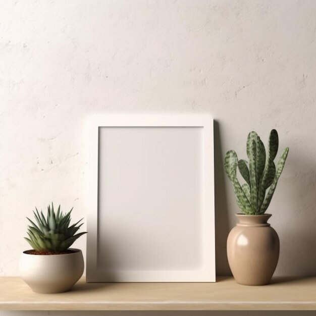 a picture frame with a picture of a plant and potted plants on a shelf.