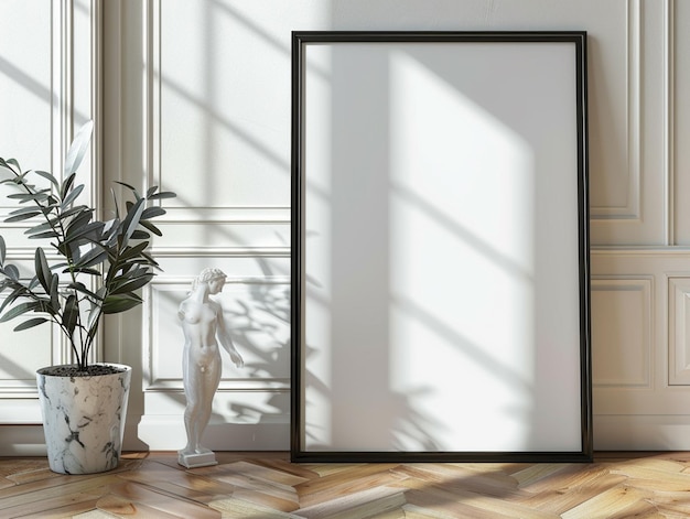 a picture frame with a plant in it and a statue on the right