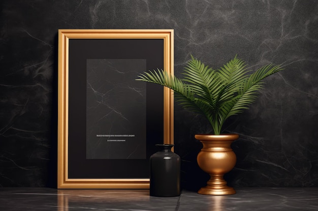 A picture frame with a plant next to it