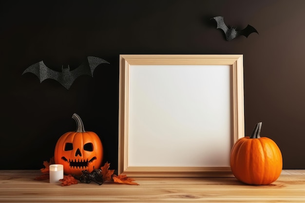 A picture frame with a pumpkin and a bat on the wall behind it.