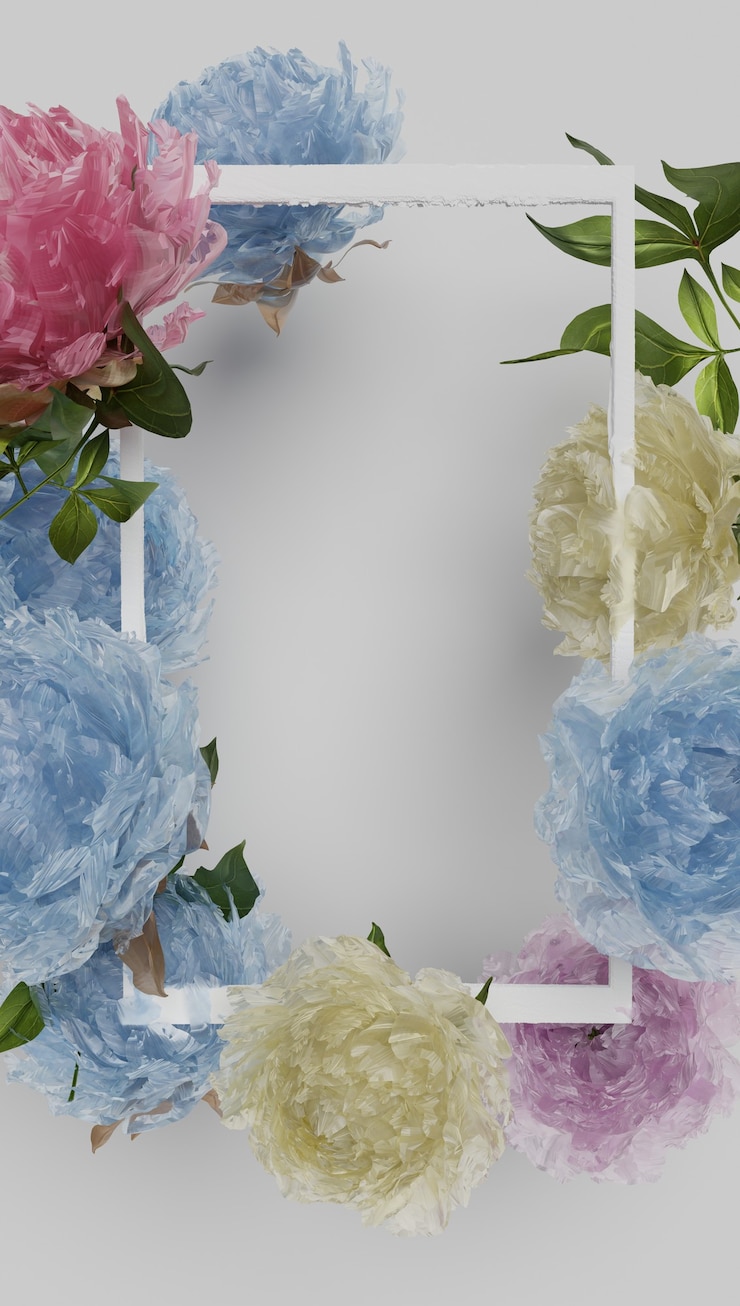 Photo 色の花を重ね合わせた額縁。 3dレンダリング。