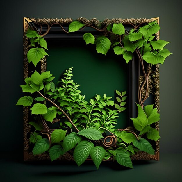 Photo a picture frame with vines and leaves outside on it with a black background