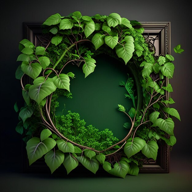 Photo a picture frame with vines and leaves outside on it with a black background