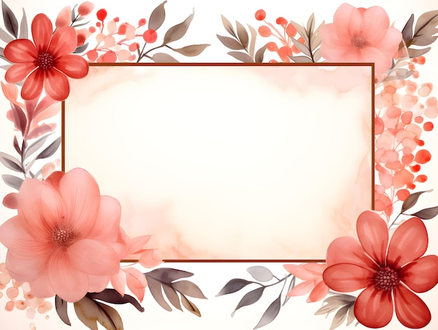 a picture frame with watercolor flowers and leaves Abstract Pink foliage background with negative