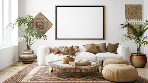 Картинная рама с белым фоном на стене в современной марокканской гостиной с пуф-софой и мозаичным кофейным столом