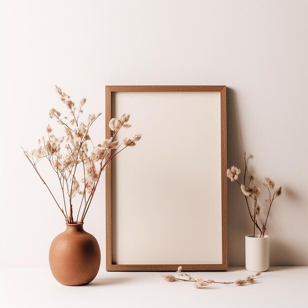 A picture frame with a wooden frame and a picture of flowers in it.