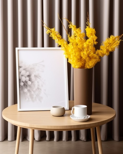 A picture frame with a yellow flower on it next to a coffee mug.