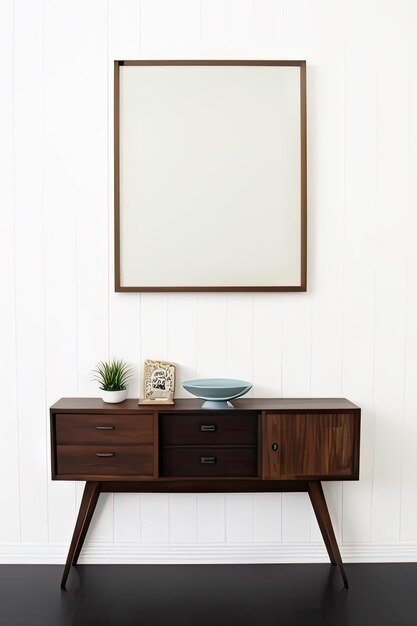 Photo picture frame above a wooden sideboard